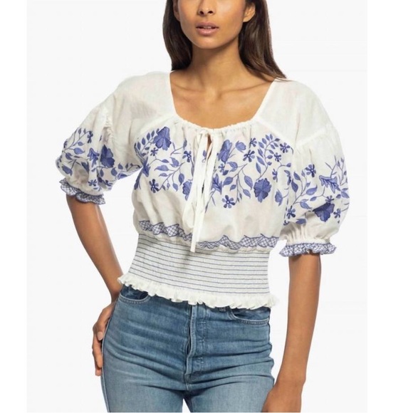 Shoshanna Tops - SHOSHANNA | NWT $378 Diego Linen Embroidered Top in White/Blue, Size Medium